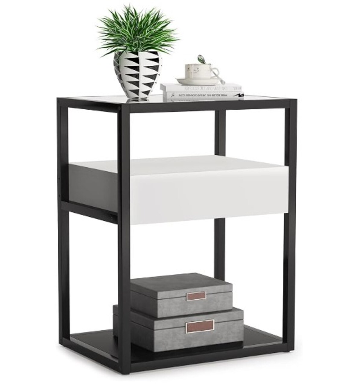 Nightstand Tall Side Table, Metal Frame, Modern Simple Style End Table with Drawer and Shelf, Tempered Glass Bedside Table